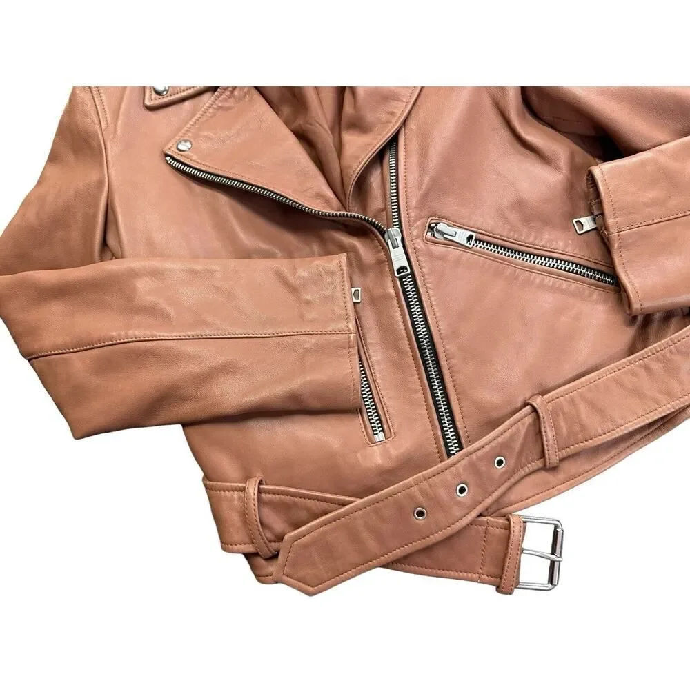 All Saints Balfern Belted Hem Leather Biker Jacket in Rosewood, in size 4 US